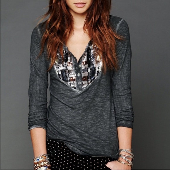 Free people gray long sleeve top with sequins S - Picture 1 of 5
